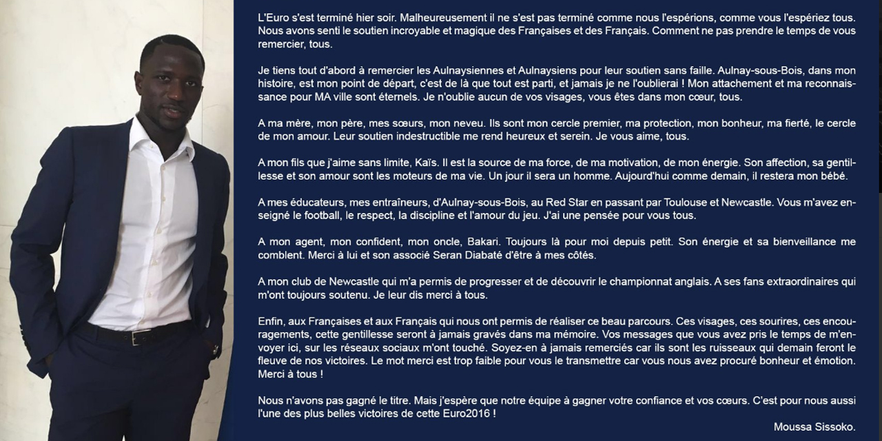 Euro 16 La Superbe Lettre De Moussa Sissoko A Ses Proches Et Aux Supporters Francais